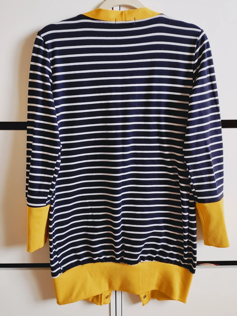 Navy and White Long Striped Cardigan with Yellow Trim - Picture 5 of 8